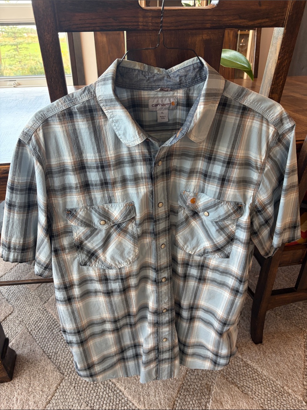 Carhartt Men's Light Blue and Gray Plaid Short-Sleeve Button-Up Shirt XL
